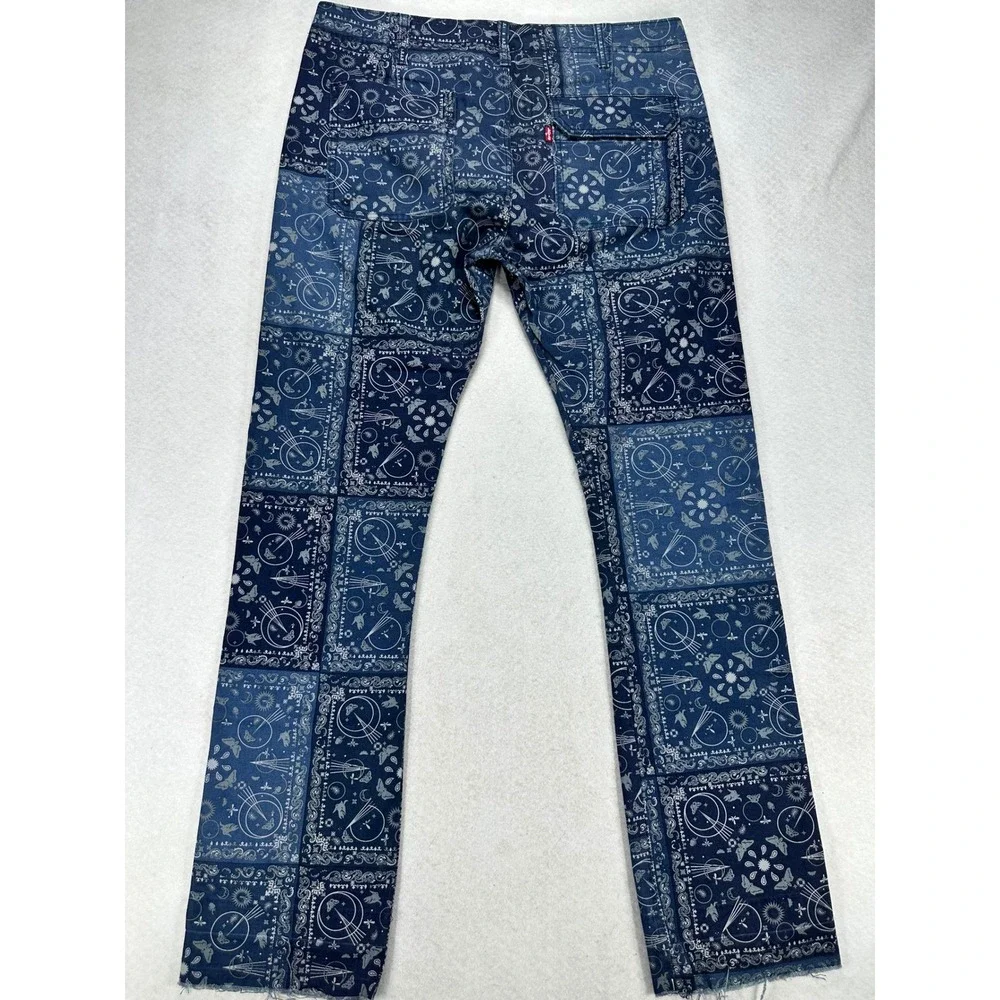 Levis 502 Regular Taper Blue Bandana Patchwork Chore Pants Mens 34x32 Raw Hem
